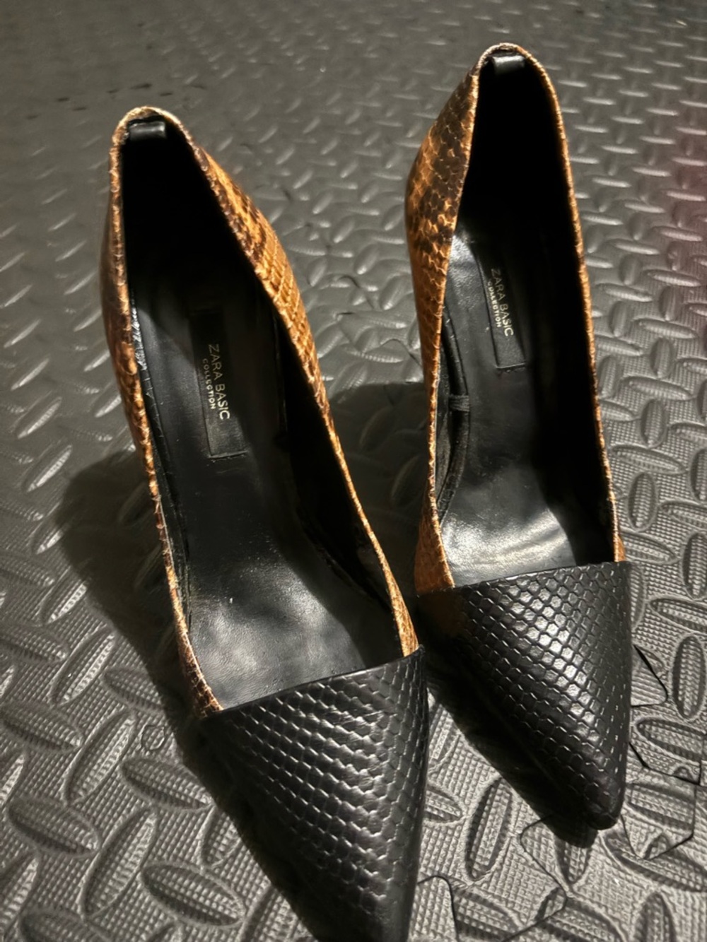 Zara Black and Brown Faux-Snake Pointed Toe Pumps